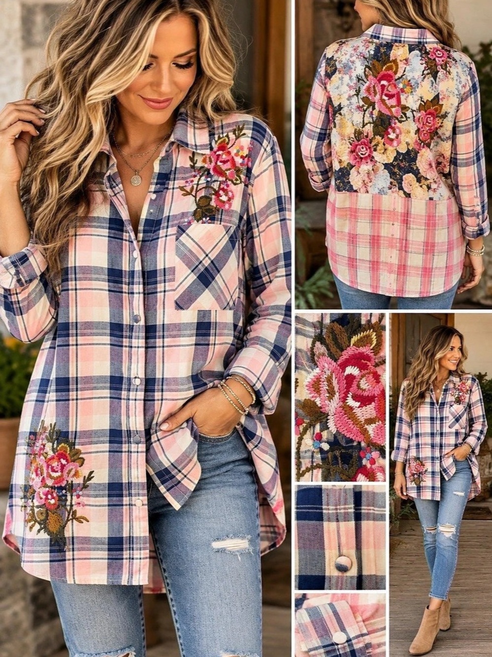 Soft Surroundings Plaid Floral Patchwork Button Down Shirt Pink & Blue 1X